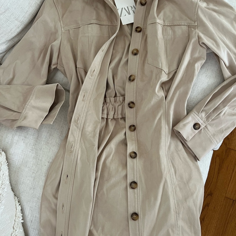 Zara Neutral Beige Button-Front Long Sleeve Dress - Picture 3 of 4